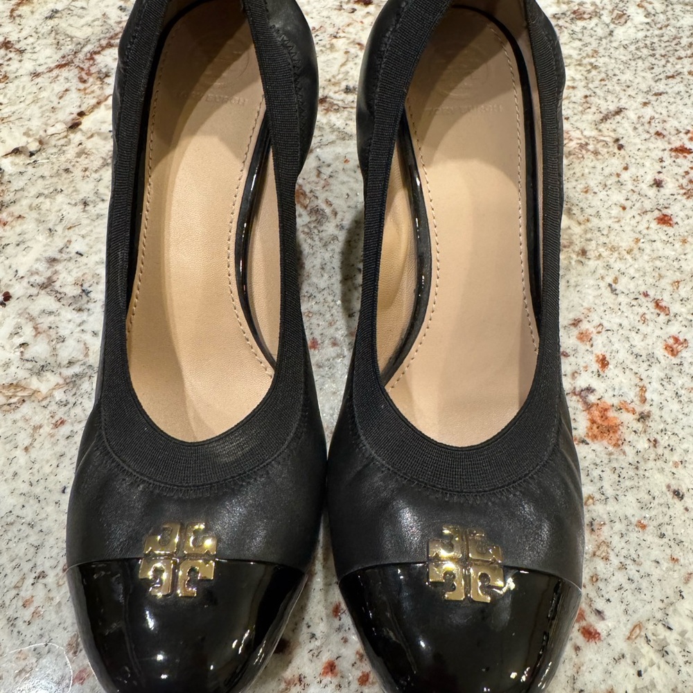 Tory Burch Black wedge heels NWOT never worn